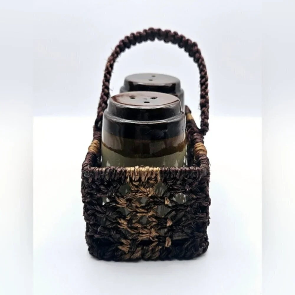 Vintage 1970's Salt & Pepper Shakers Stoneware Brown & Tan Complete with Wicker